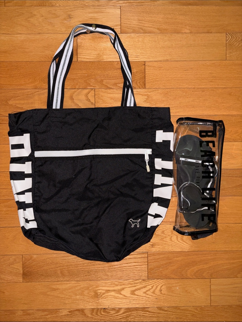 Victoria's Secret Bundle Black and White Duffel Tote and Sport Sandal 8
